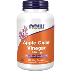NWF526 | NOW Apple Cider Vinegar 450 mg white bottle with orange label, 180 Veg Capsules nutritional supplement