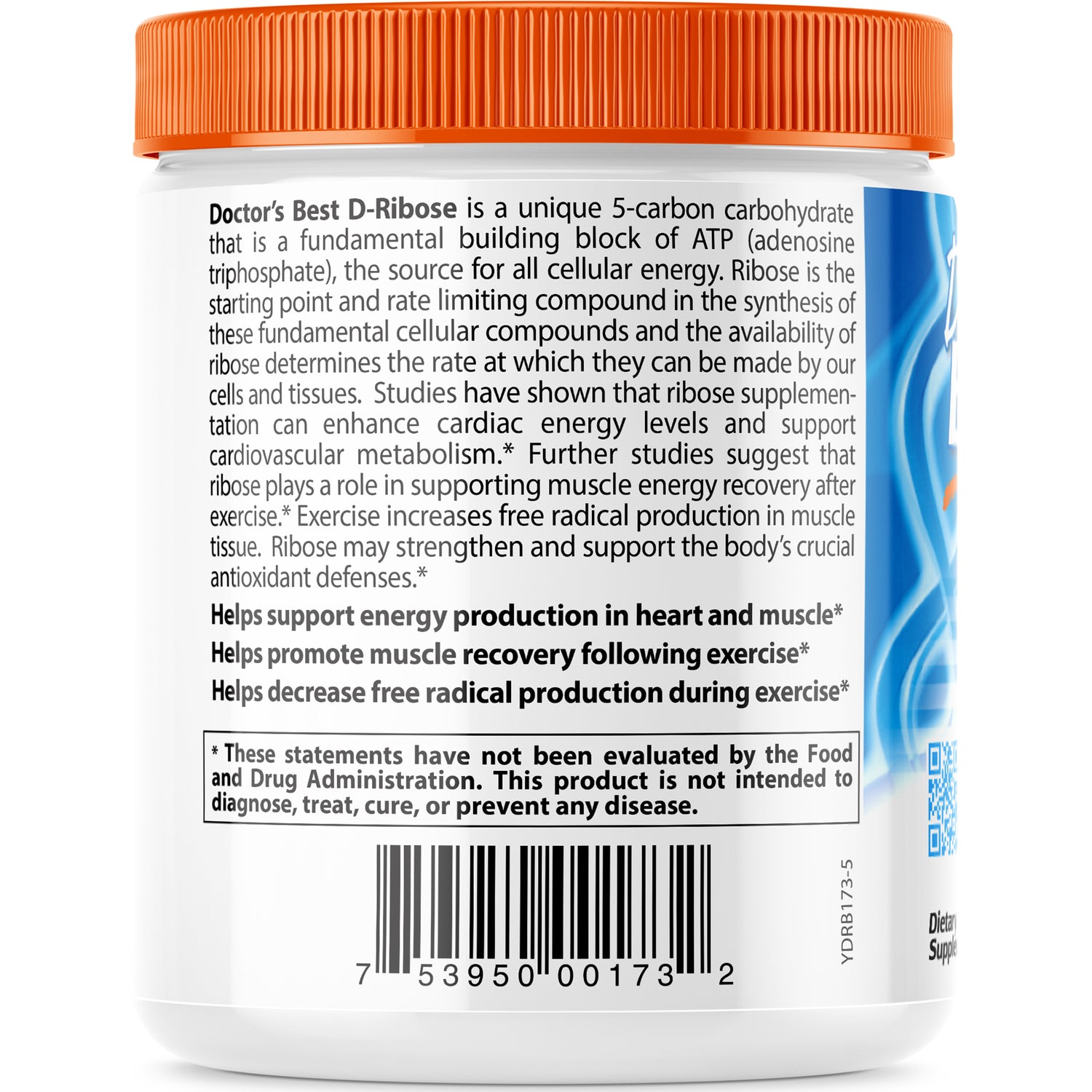 DB081 | back label of white supplement jar showing ingredient text, product claims and barcode