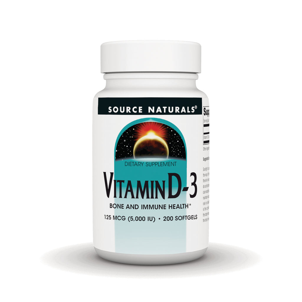 SN631 | Source Naturals Vitamin D-3 dietary supplement, 125 mcg (5,000 IU), 200 softgels - Thumbnail