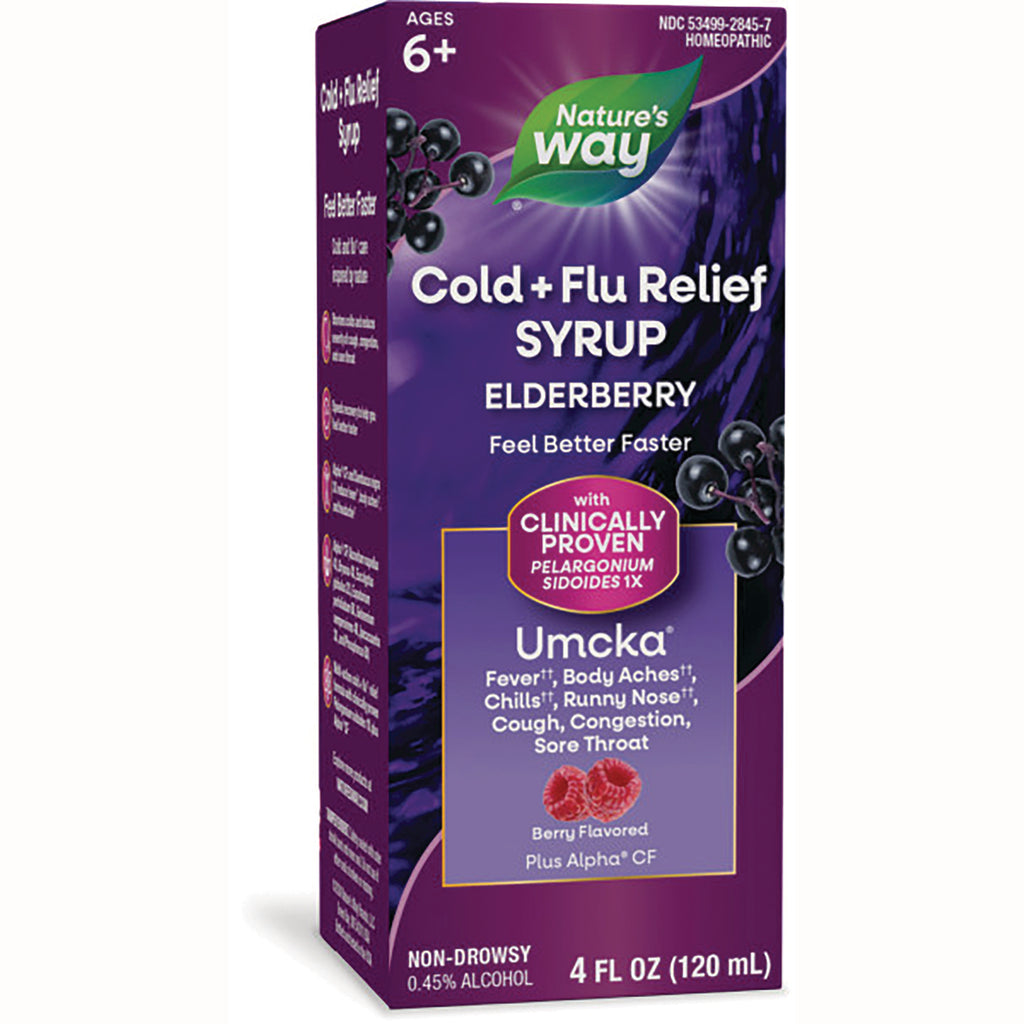 NW850 | Nature's Way Cold + Flu Relief Elderberry syrup box, Umcka berry flavored 4 fl oz - Thumbnail