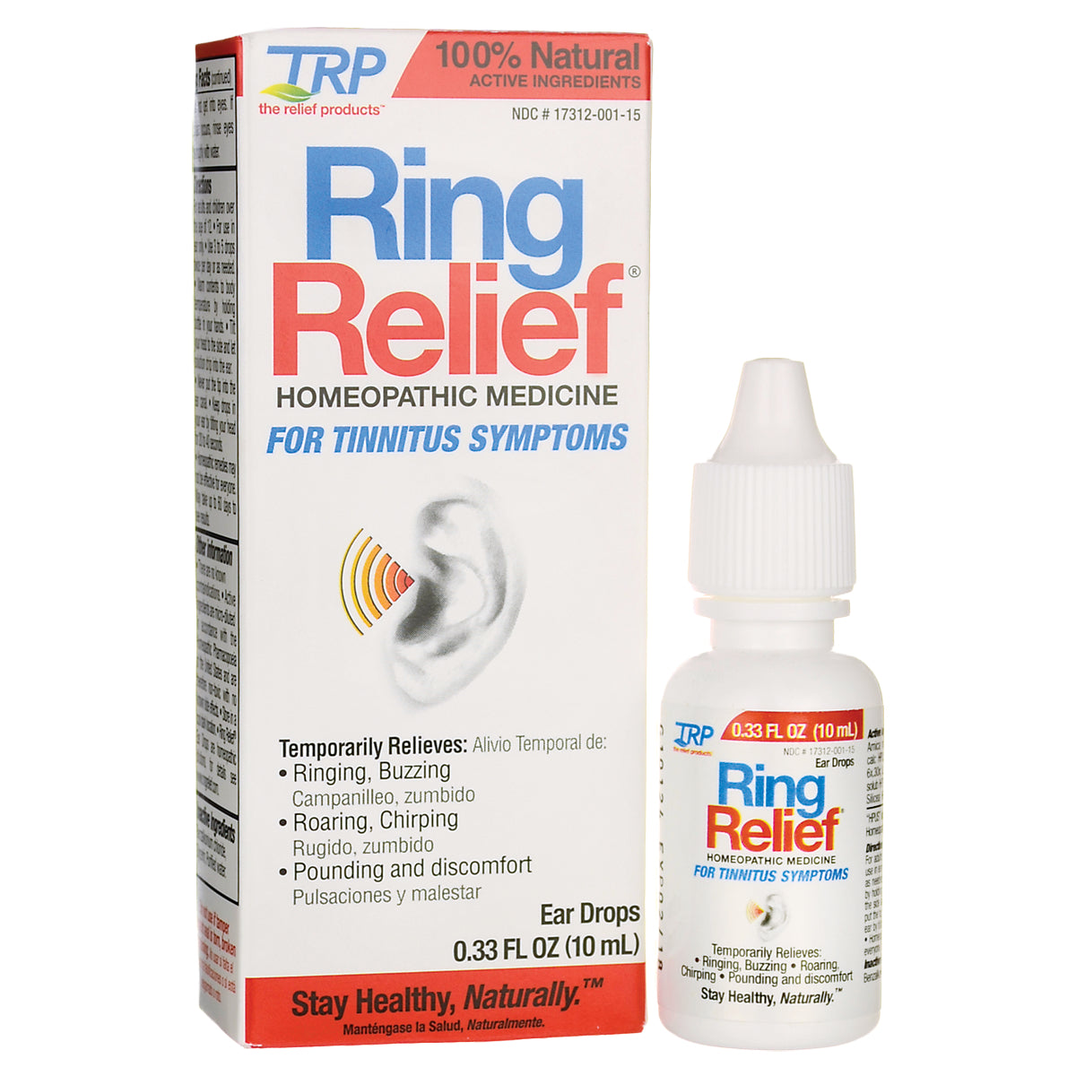TRL015 | Ring Relief homeopathic ear drops for tinnitus symptoms, 0.33 fl oz bottle and box