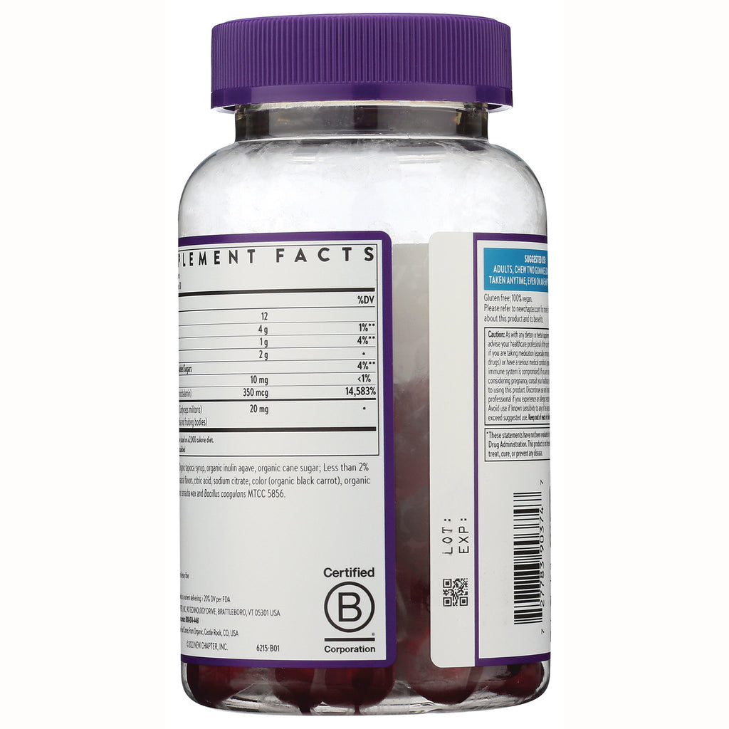 NWC386 | Back of clear bottle with purple lid showing supplement facts panel, barcode, lot and exp labels - Thumbnail