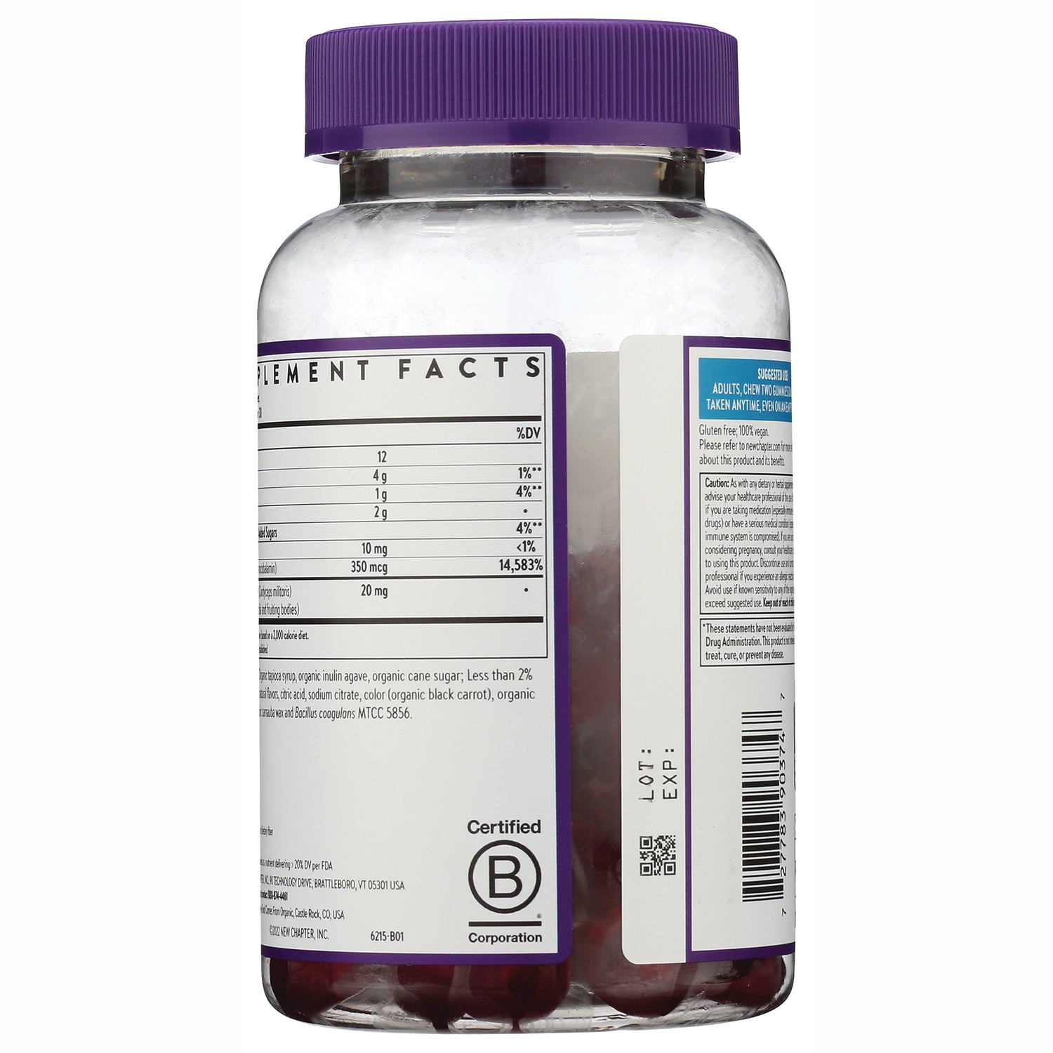 NWC386 | Back of clear bottle with purple lid showing supplement facts panel, barcode, lot and exp labels