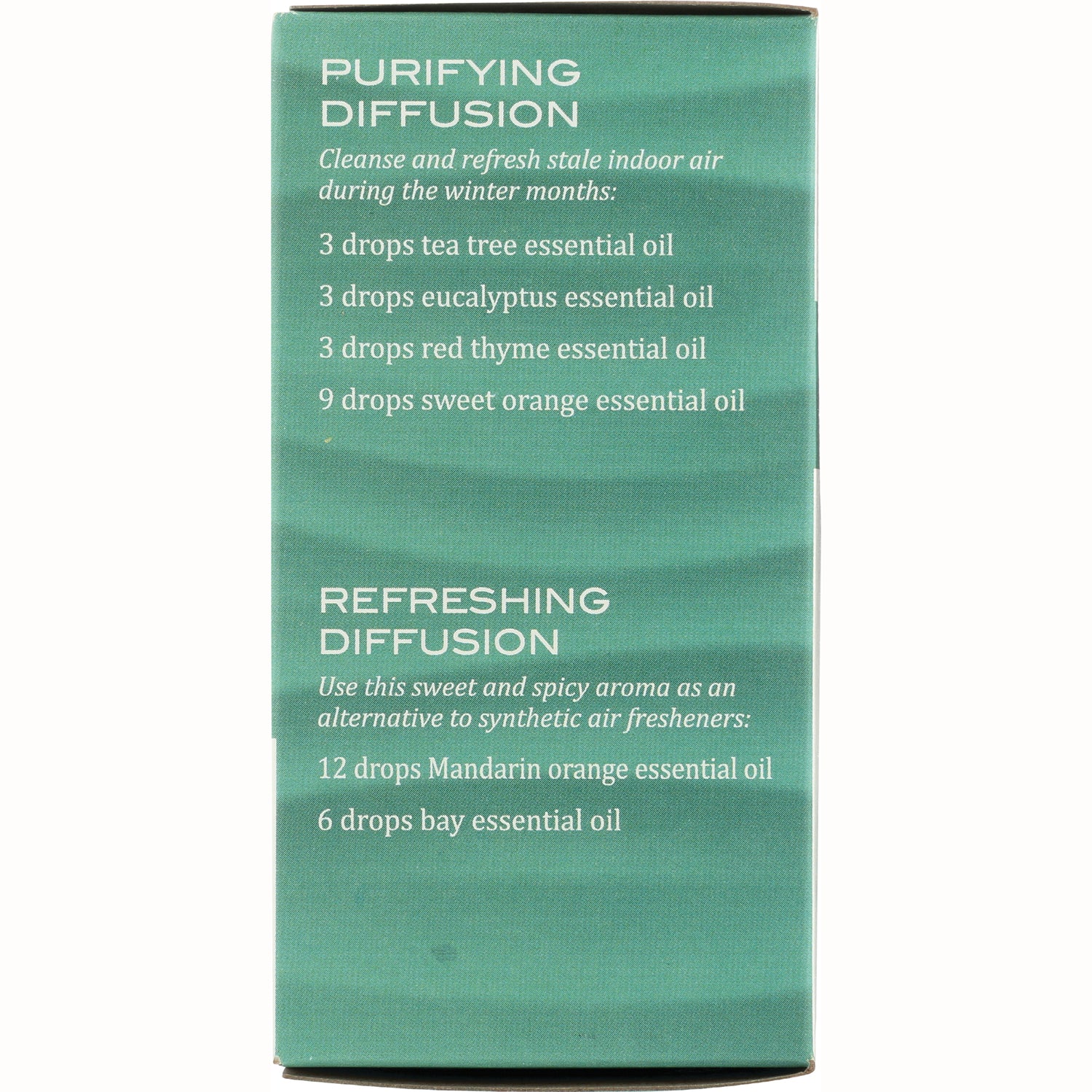 ARC018 | Back panel with purifying and refreshing diffusion recipes listing drops of tea tree, eucalyptus, red thyme, sweet orange, mandarin and bay essential oils