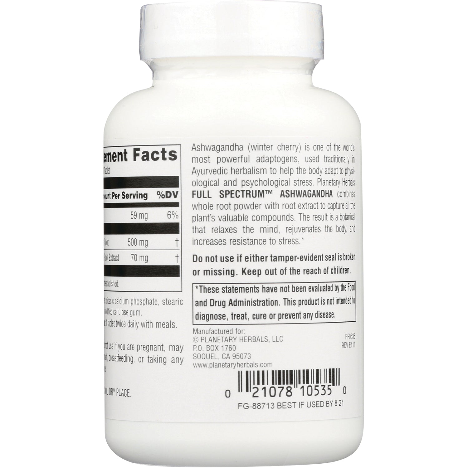 PF051 | back of white supplement bottle showing supplement facts, warnings and barcode