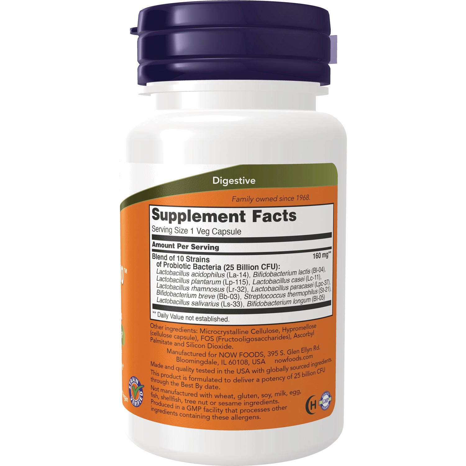 NWF343 | Back of white supplement bottle showing Supplement Facts label and ingredient panel for digestive probiotic