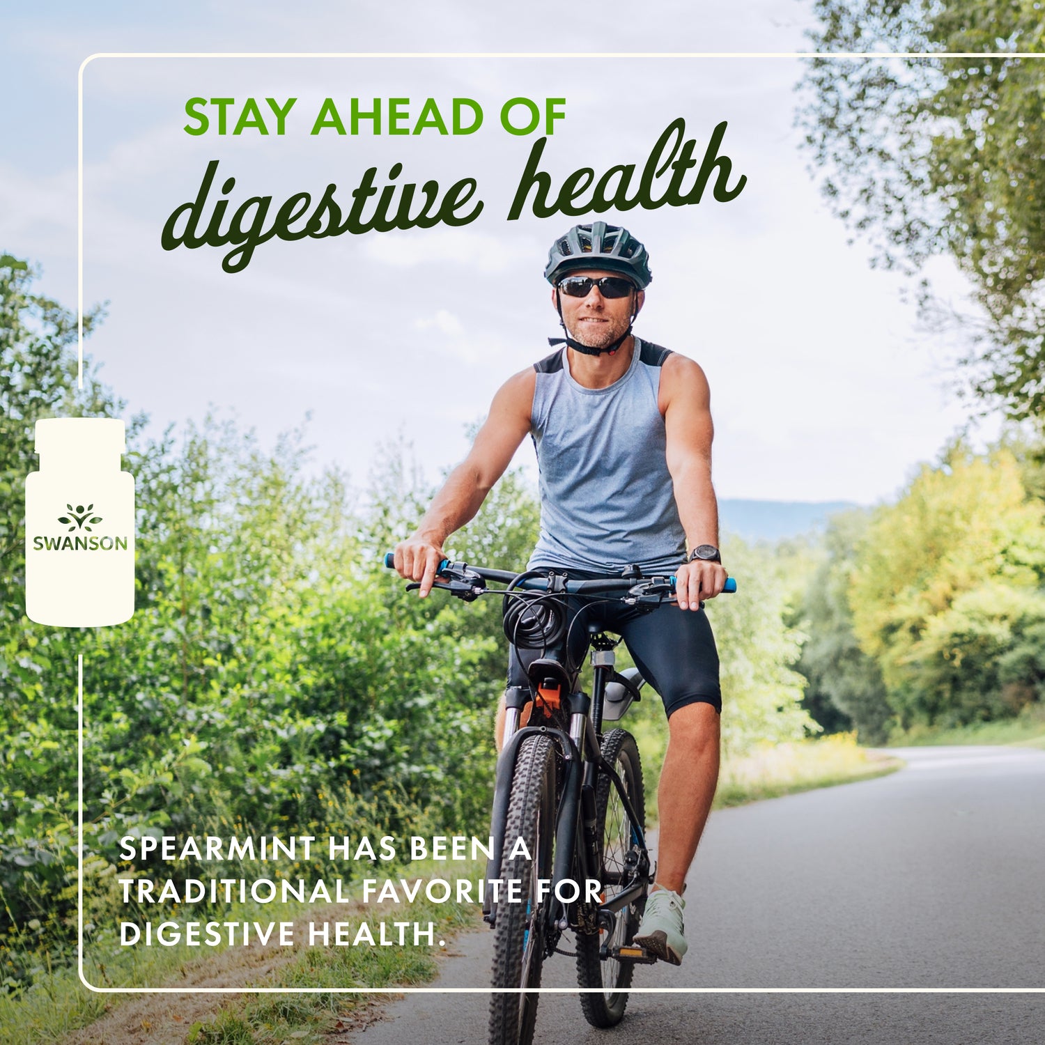 SW1261 | Man cycling on a country road with Swanson bottle logo and headline Stay ahead of digestive health