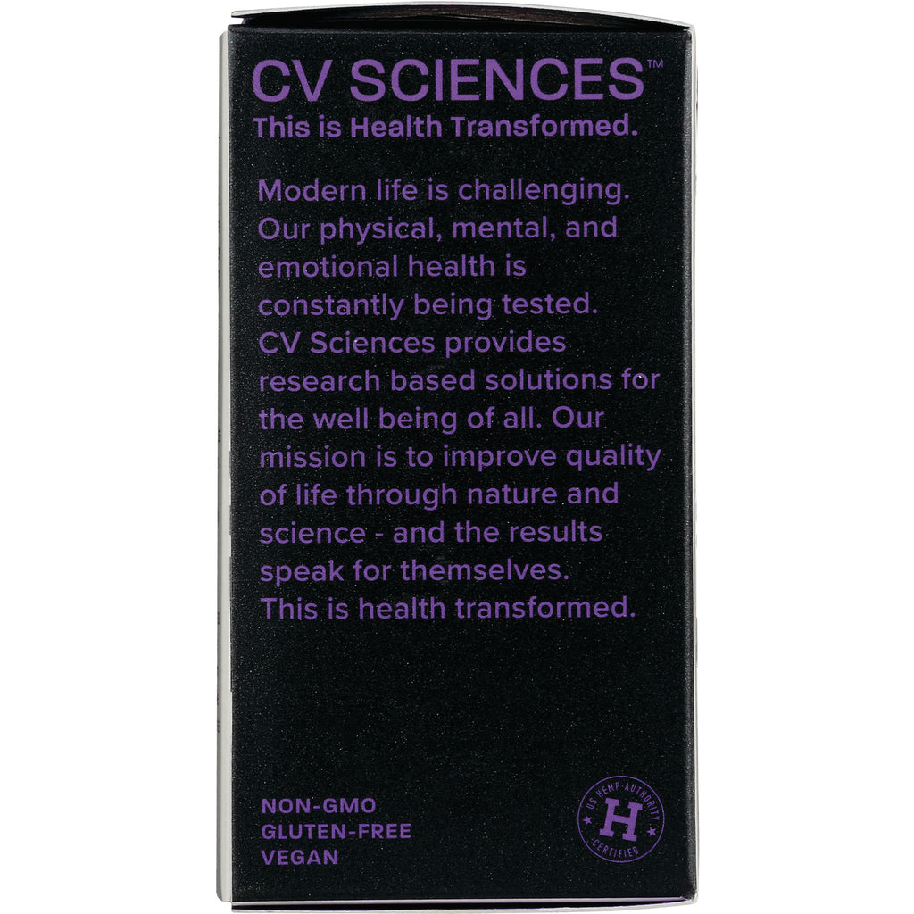 CV035 | Back of black CV Sciences product box with purple mission text and non-GMO, gluten-free, vegan labels - Thumbnail