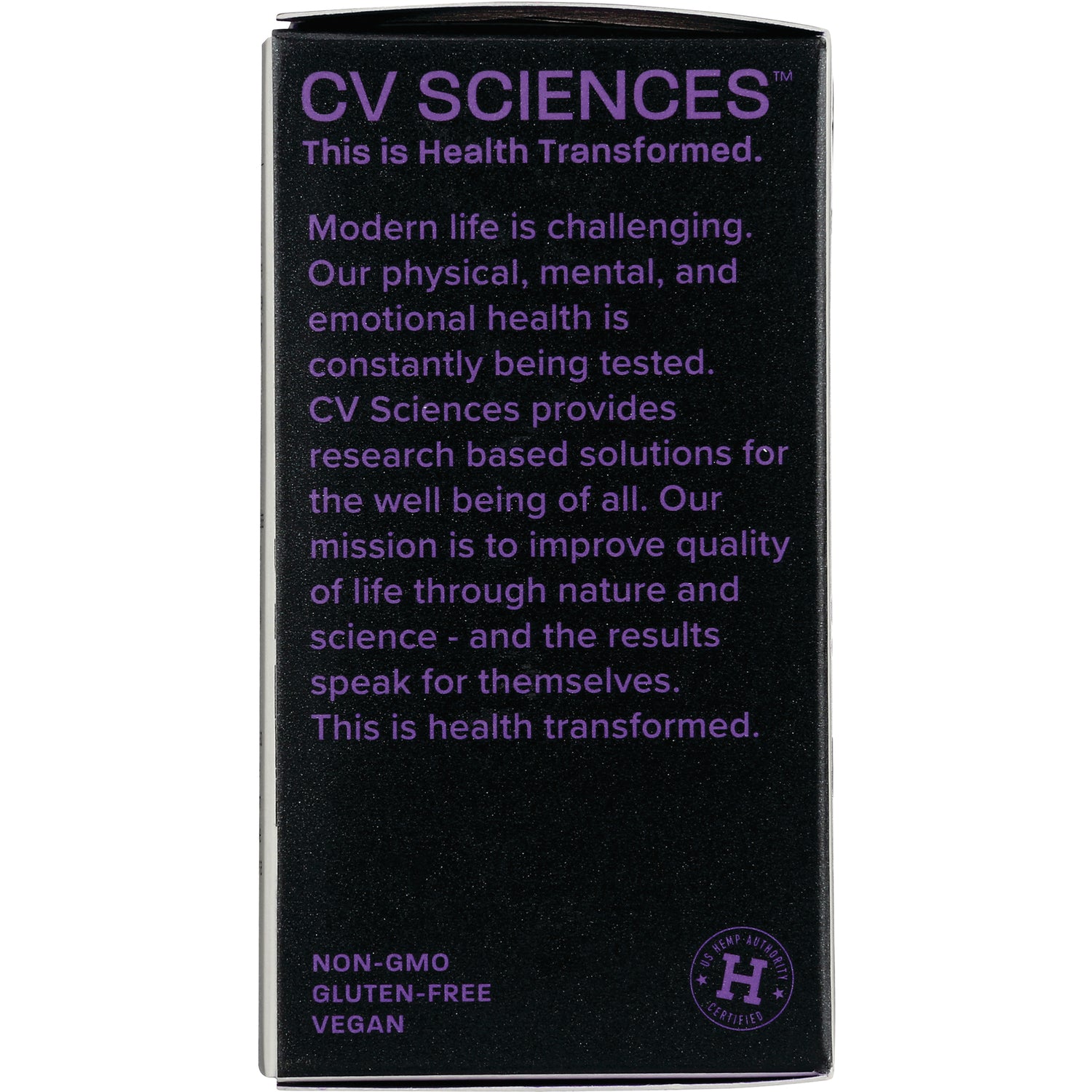 CV035 | Back of black CV Sciences product box with purple mission text and non-GMO, gluten-free, vegan labels