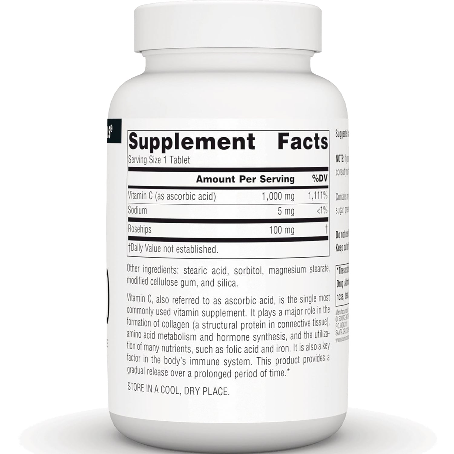 SN613 | Back label showing Supplement Facts: Vitamin C 1,000 mg, sodium 5 mg, rosehips 100 mg, other ingredients