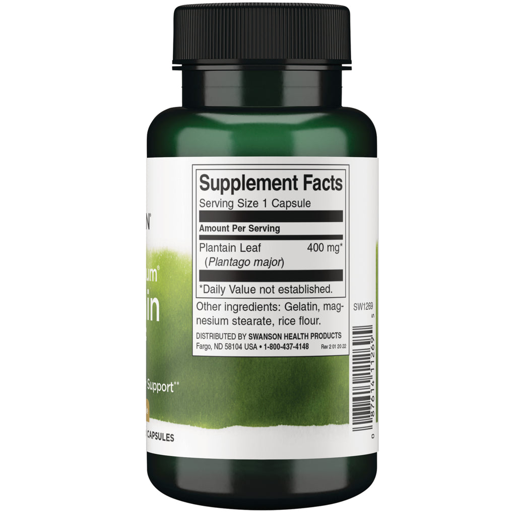 SW1269 | Supplement Facts panel: Plantain Leaf 400 mg, serving size 1 capsule; ingredients and barcode on back - Thumbnail