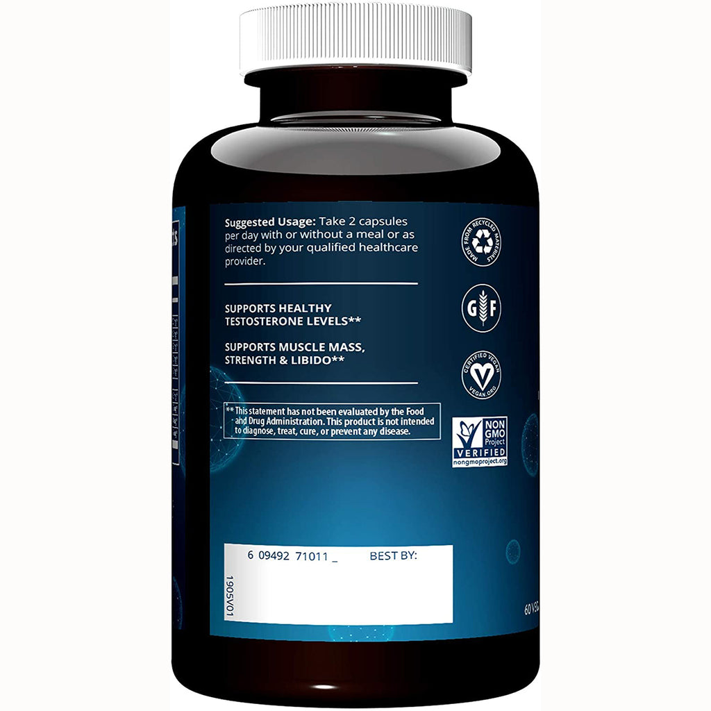 MRM007 | Back label of dark supplement bottle showing suggested usage, testosterone support claims, certifications and best by box - Thumbnail