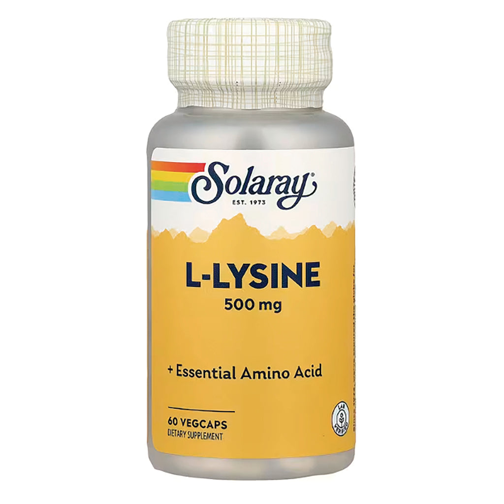 SLR371 | Solaray L-Lysine 500 mg bottle with yellow label stating L-LYSINE 500 mg and 60 vegcaps - Thumbnail