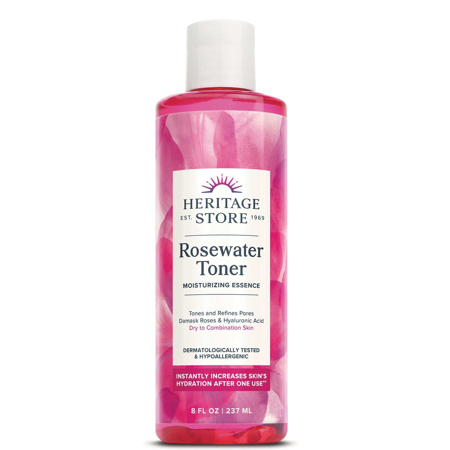 HTG118 | Heritage Store Rosewater Toner bottle, pink 8 fl oz front label showing moisturizing essence