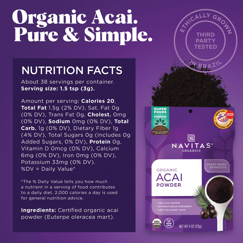 NAV038 | Nutrition facts panel and Navitas Organics organic acai powder pouch on purple background - Thumbnail