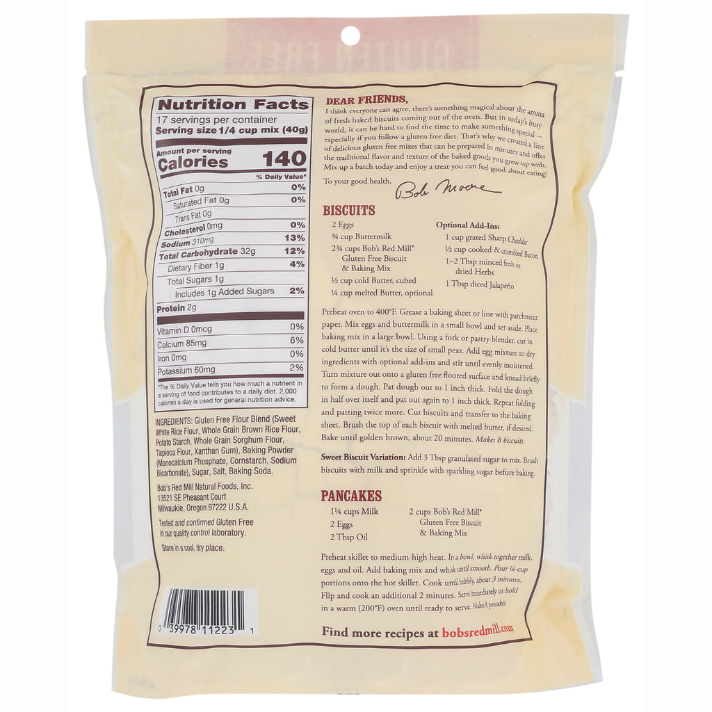 BOB448 | Back of beige baking mix bag showing nutrition facts, ingredients, recipes, and barcode - Thumbnail