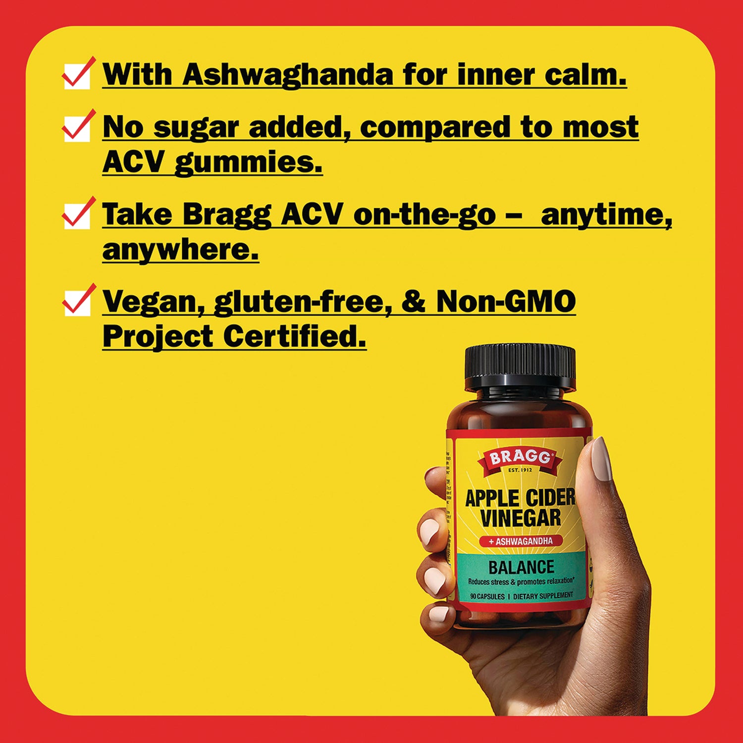 BR019 | Yellow infographic with checklist and hand holding Bragg Apple Cider Vinegar Balance capsules bottle