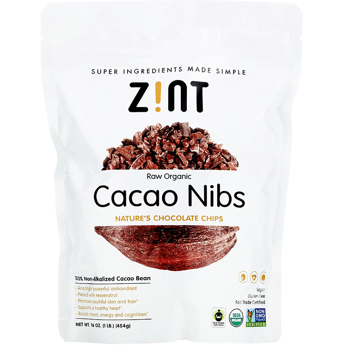 ZIN013 | Zint Raw Organic Cacao Nibs pouch, Nature's Chocolate Chips, 16 oz