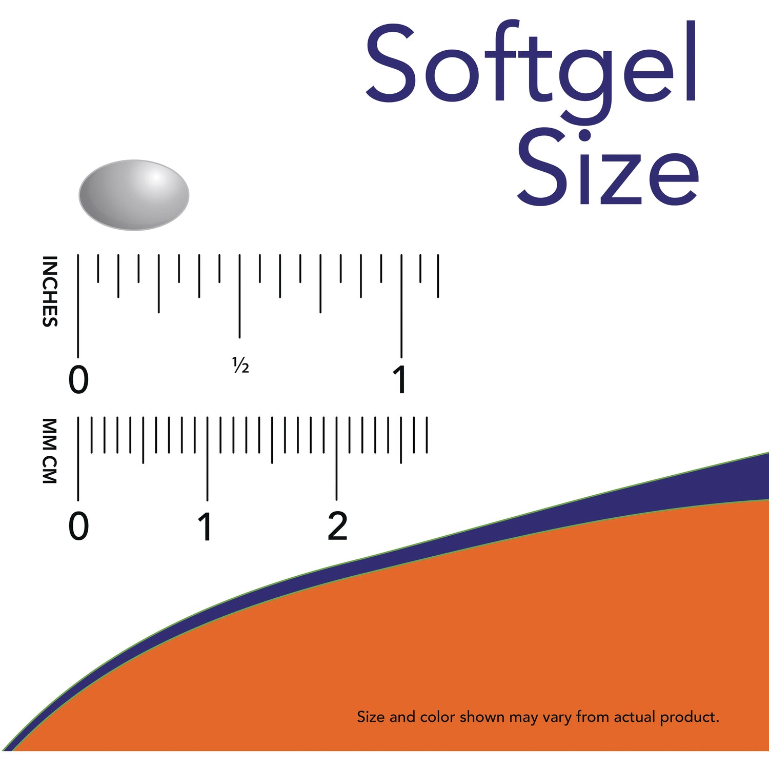 NWF330 | softgel size chart with single softgel illustration and inch and mm rulers labeled 0 to 2