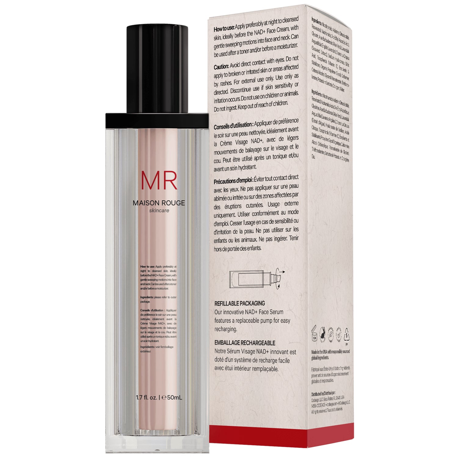 CDG062 | MAISON ROUGE serum bottle next to product box showing ingredients and back panel text