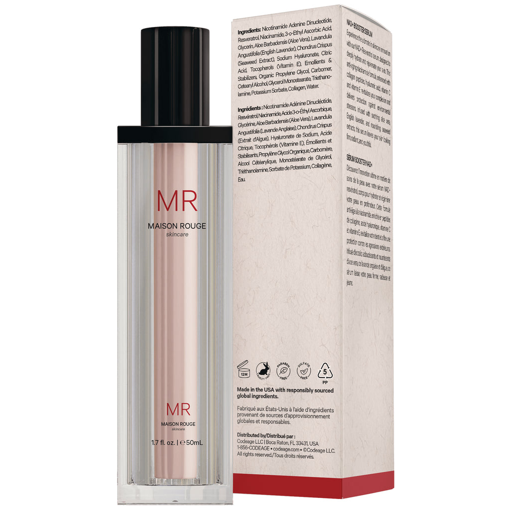 CDG062 | MAISON ROUGE serum bottle next to product box showing ingredients and back panel text - Thumbnail