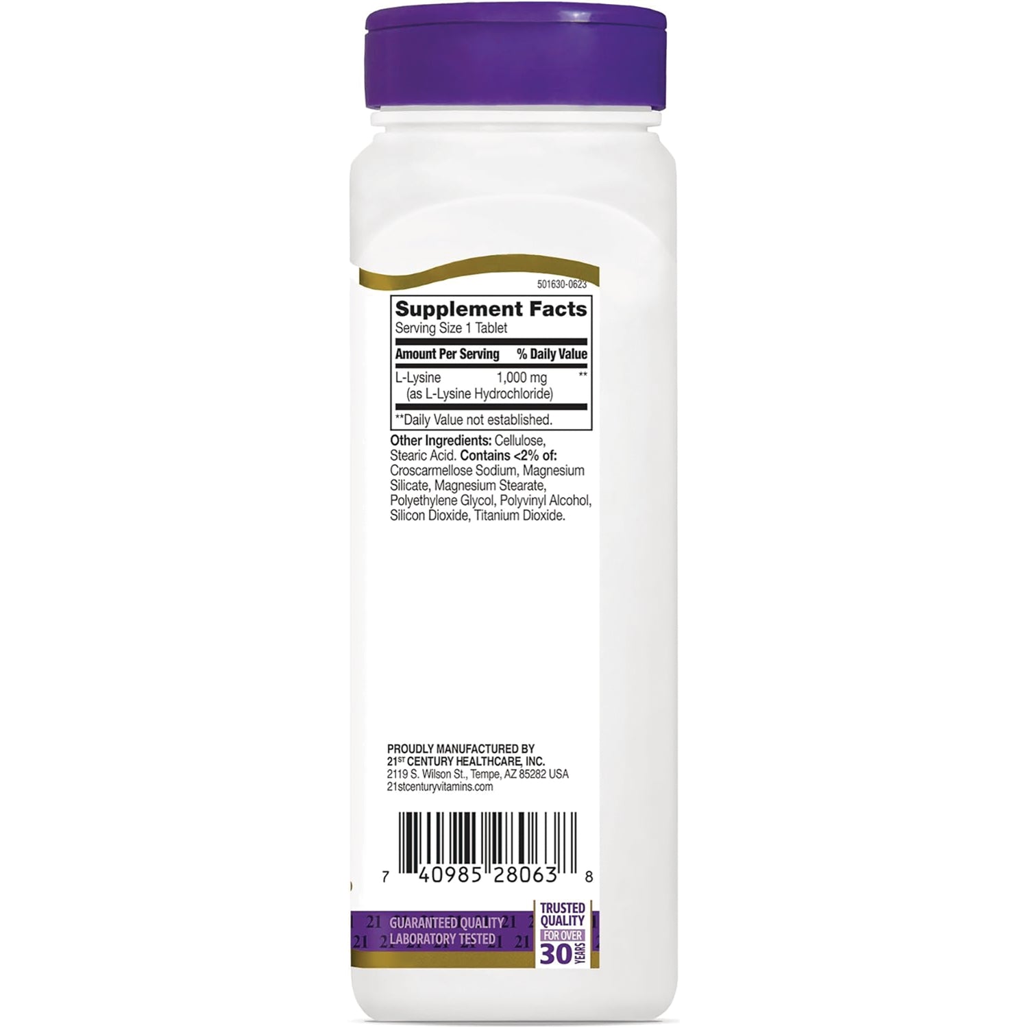CNT289 | back label with Supplement Facts showing L-Lysine 1,000 mg, ingredient list and barcode on white bottle