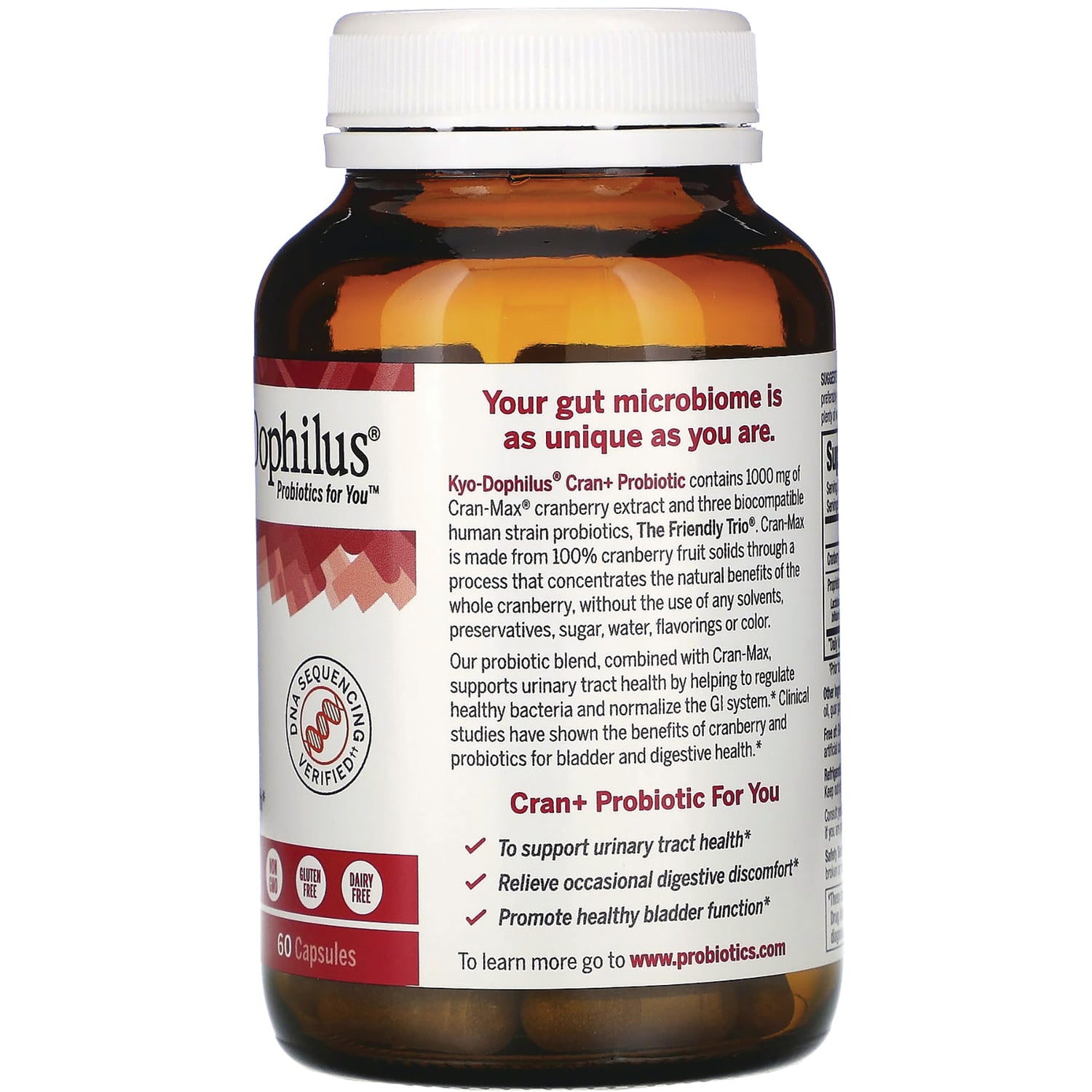 KY108 | Back label of brown supplement bottle showing probiotic benefits text and icons
