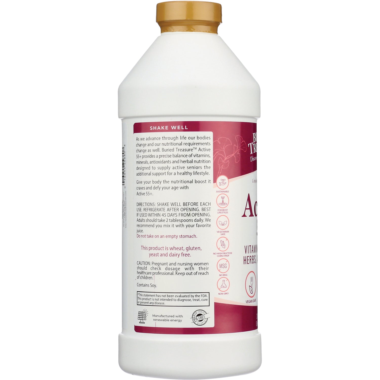 BTR004 | back label of supplement bottle showing directions, cautions, ingredient notices and product icons