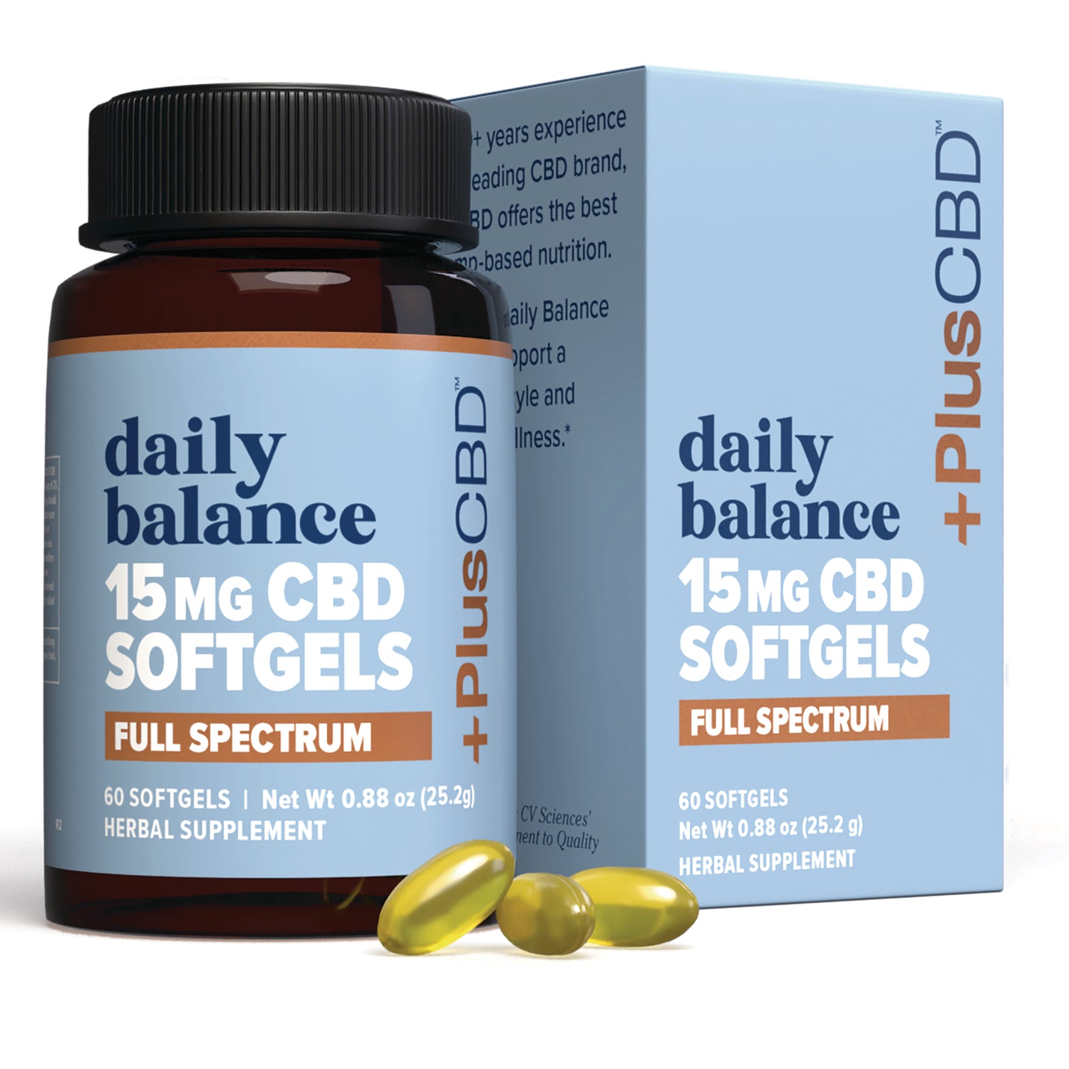 CV005 | Bottle and box of daily balance 15 mg CBD softgels full spectrum with three yellow softgels