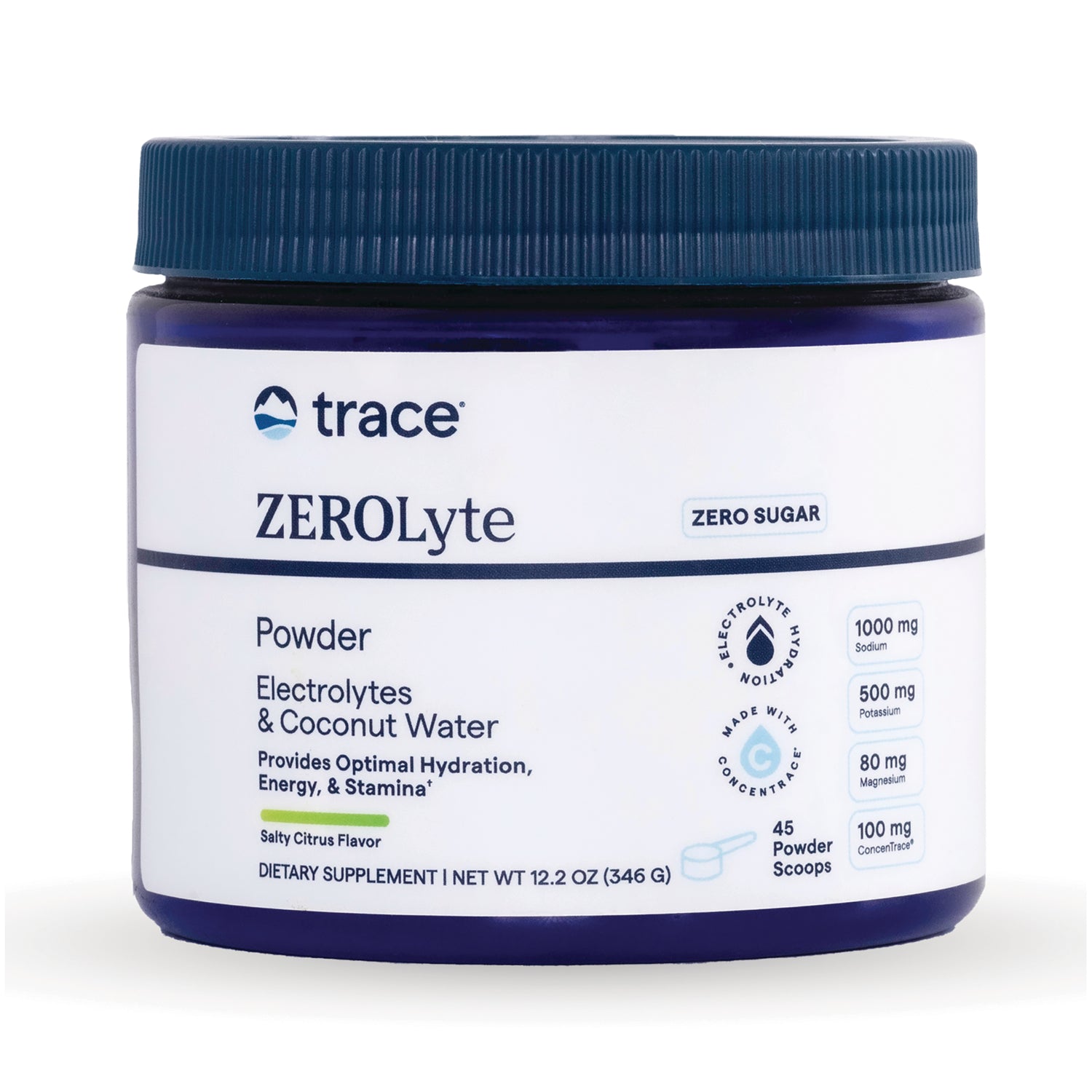 TM169 | Trace ZEROlyte electrolyte powder, Zero Sugar, Salty Citrus flavor, 12.2 oz jar