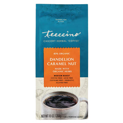 TCN028 | Teeccino Dandelion Caramel Nut chicory herbal coffee, 10 oz bag, front