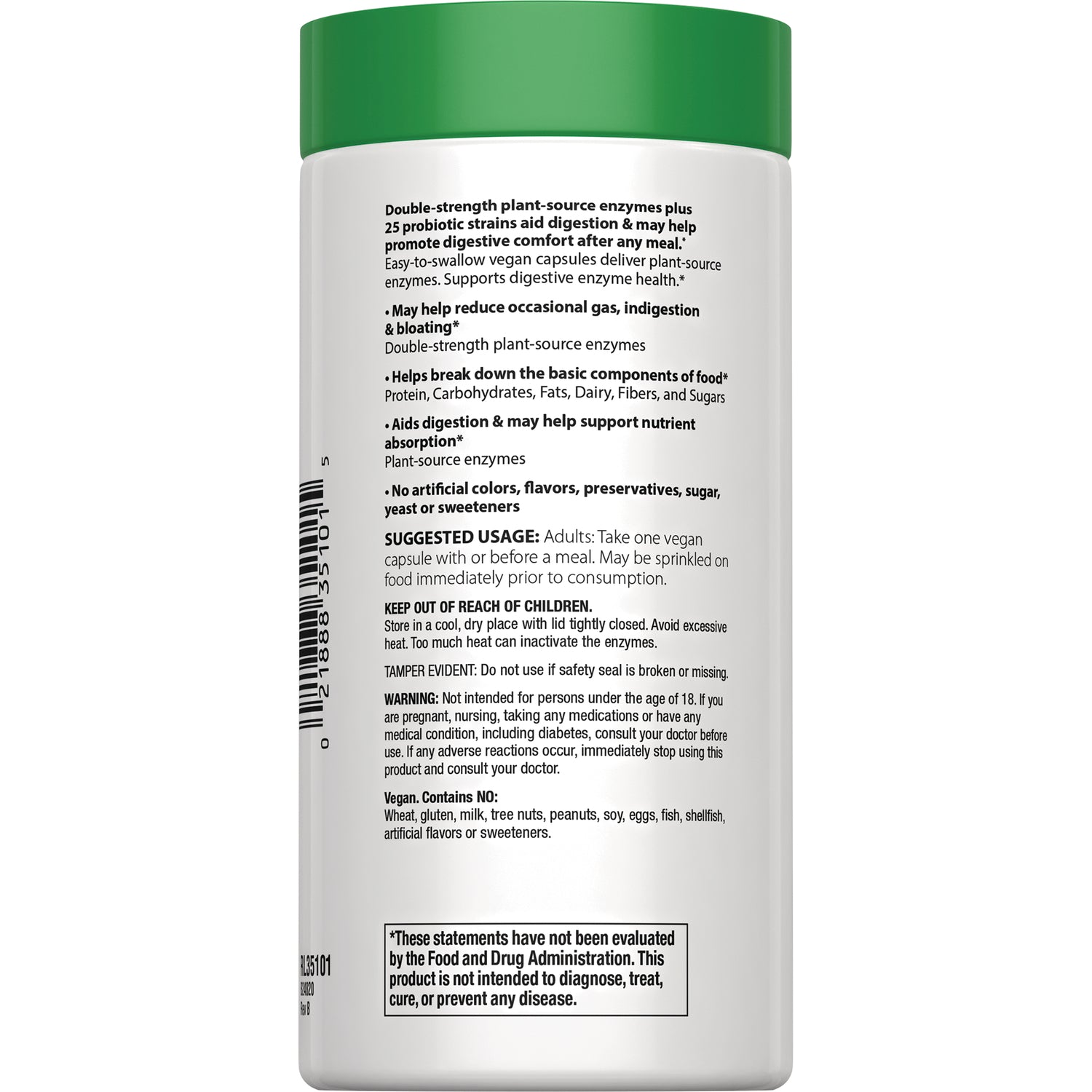 RBL168 | Back of white supplement bottle showing suggested usage, warnings, ingredient exclusions, FDA disclaimer