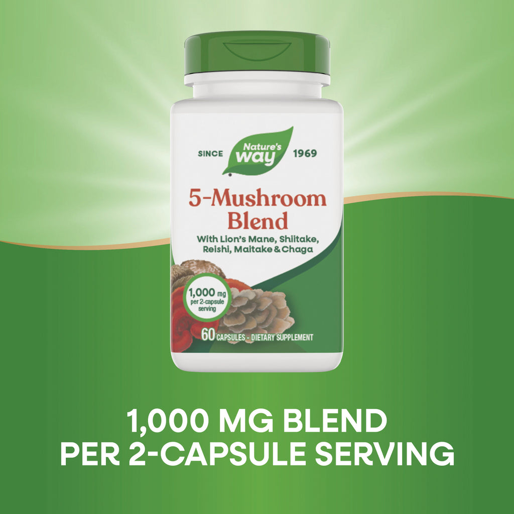 NW1073 | Nature's Way 5-Mushroom Blend bottle showing 1,000 mg per 2-capsule serving - Thumbnail