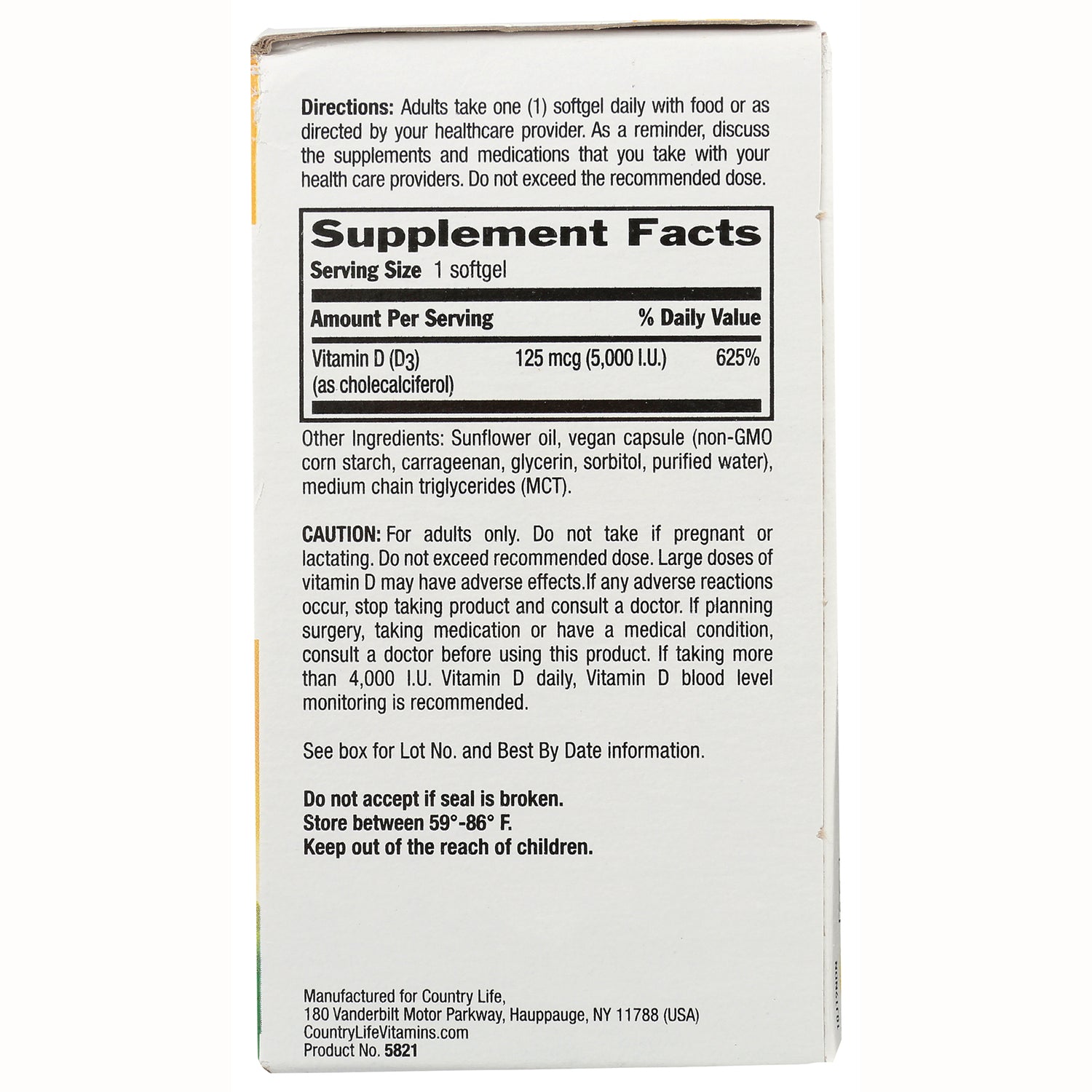 CRL592 | back of supplement box showing Supplement Facts panel, directions, ingredients and caution text