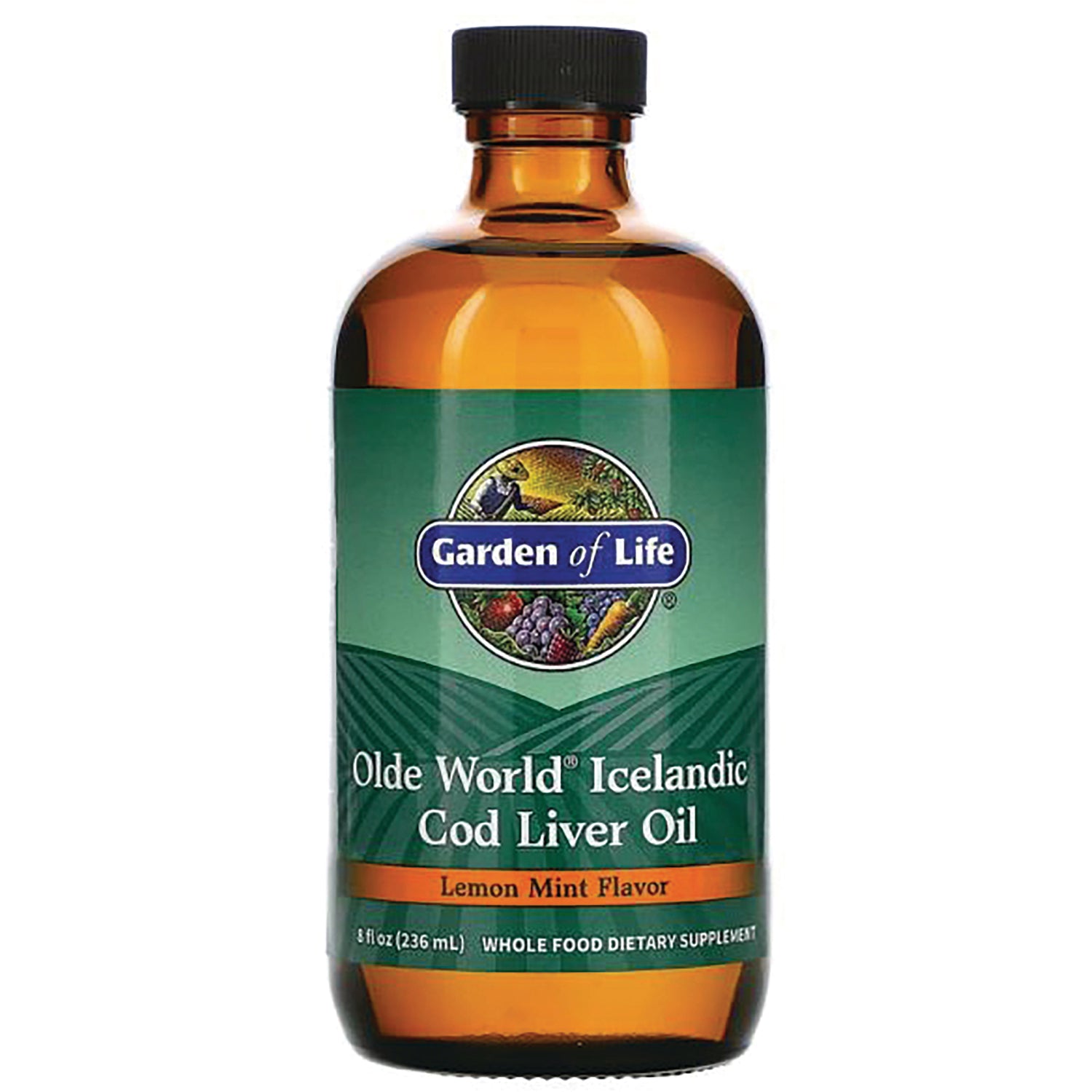 GLF009 | Garden of Life Olde World Icelandic Cod Liver Oil, lemon mint flavor in amber bottle 8 fl oz