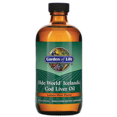 GLF009 | Garden of Life Olde World Icelandic Cod Liver Oil, lemon mint flavor in amber bottle 8 fl oz
