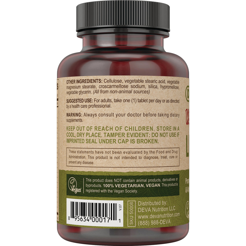 DEV023 | Back of brown supplement bottle label showing ingredients, warnings, vegan statement and barcode - Thumbnail