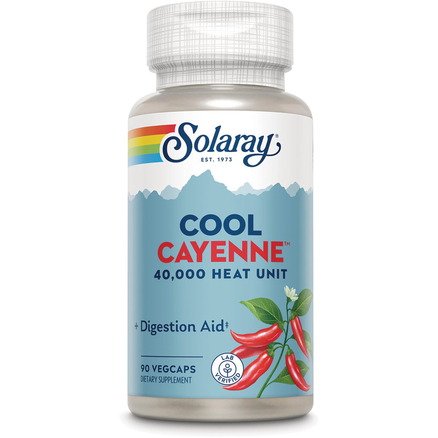 SLR233 | Solaray Cool Cayenne 40,000 Heat Unit, Digestion Aid, 90 VegCaps dietary supplement bottle