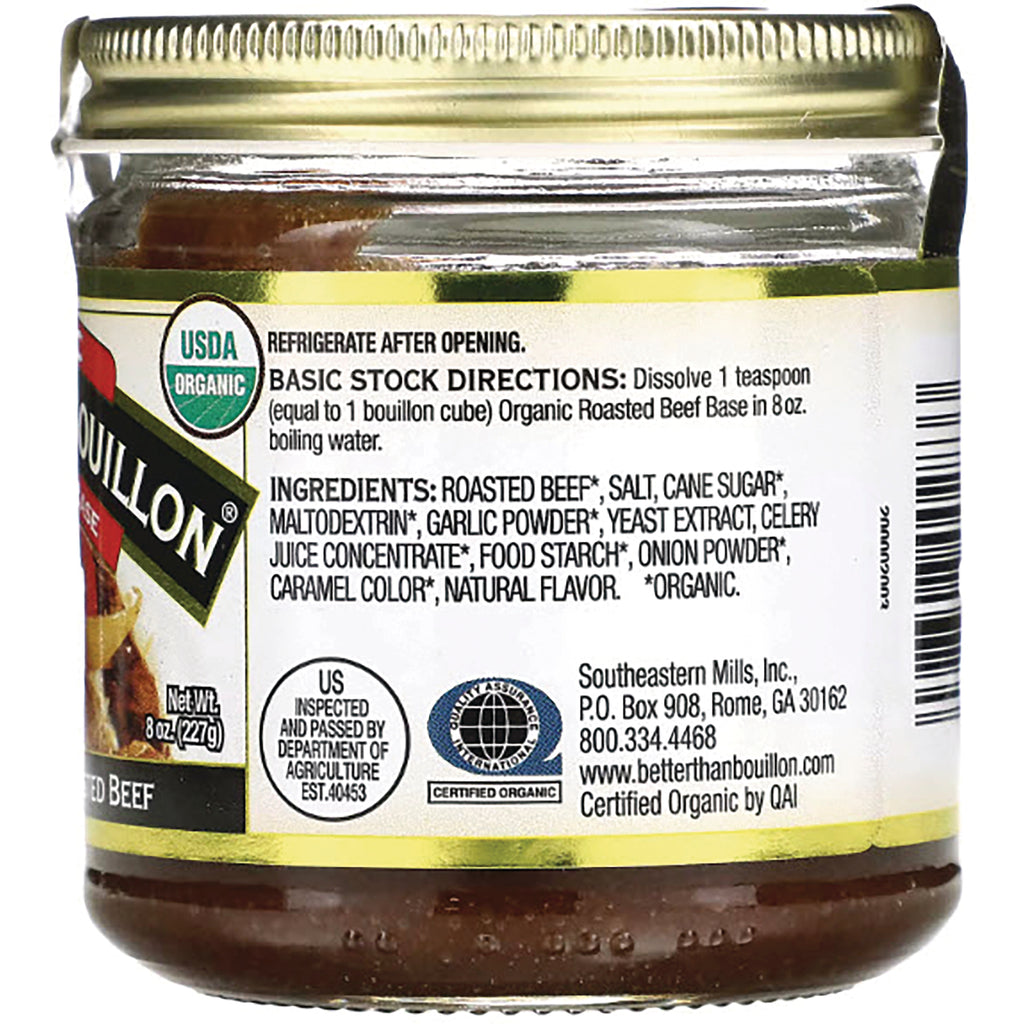 BOU001 | back label of organic roasted beef bouillon jar showing ingredients, basic stock directions, certifications, and barcode - Thumbnail
