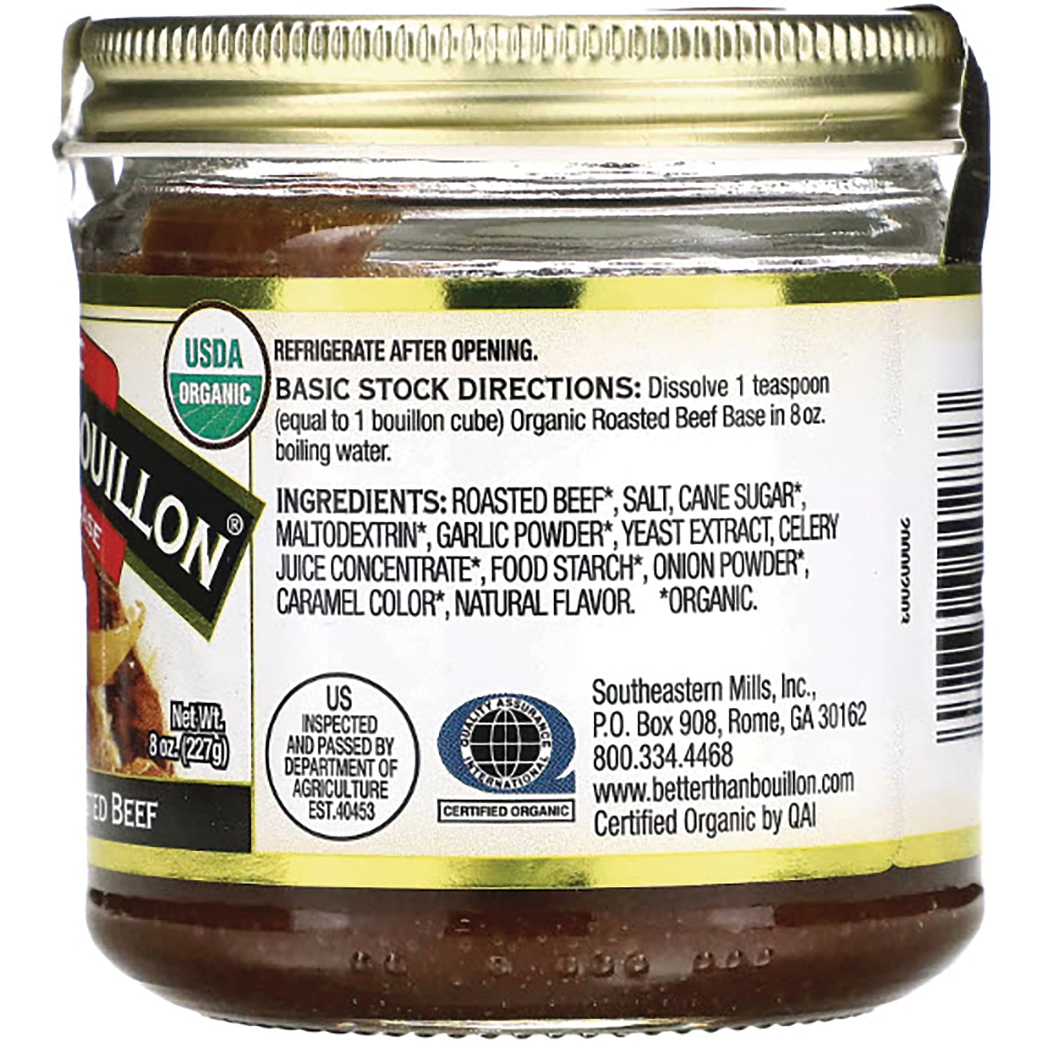BOU001 | back label of organic roasted beef bouillon jar showing ingredients, basic stock directions, certifications, and barcode
