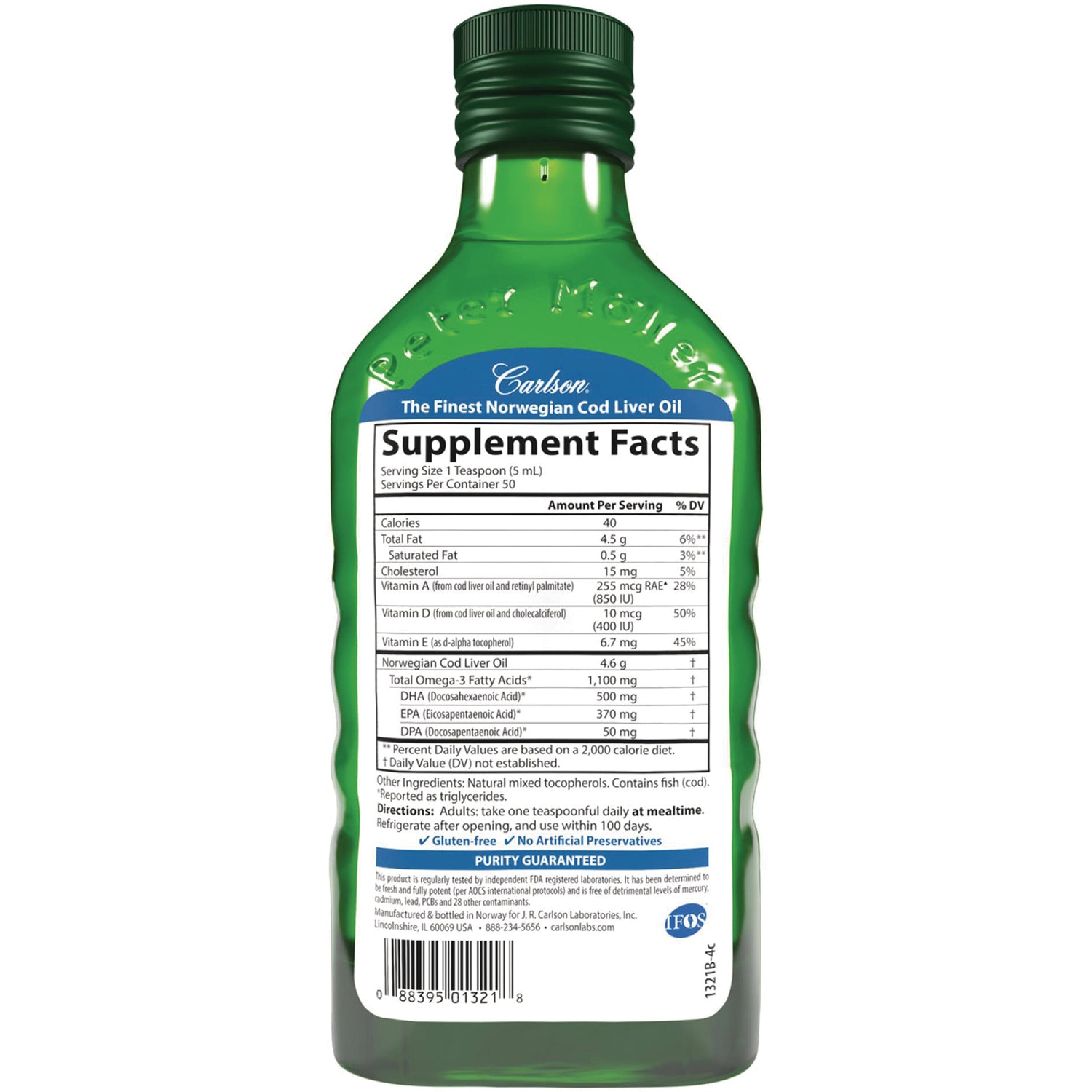 CSN010 | Back of green Carlson cod liver oil bottle showing supplement facts panel, ingredients and barcode