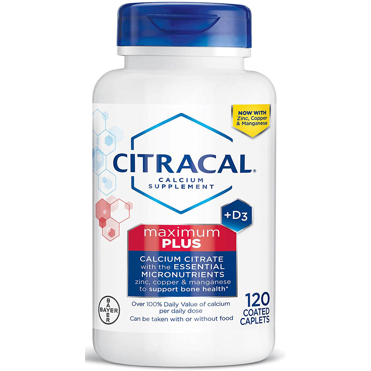 CCL001 | Citracal Maximum Plus calcium citrate with vitamin D3, 120 coated caplets front-facing bottle