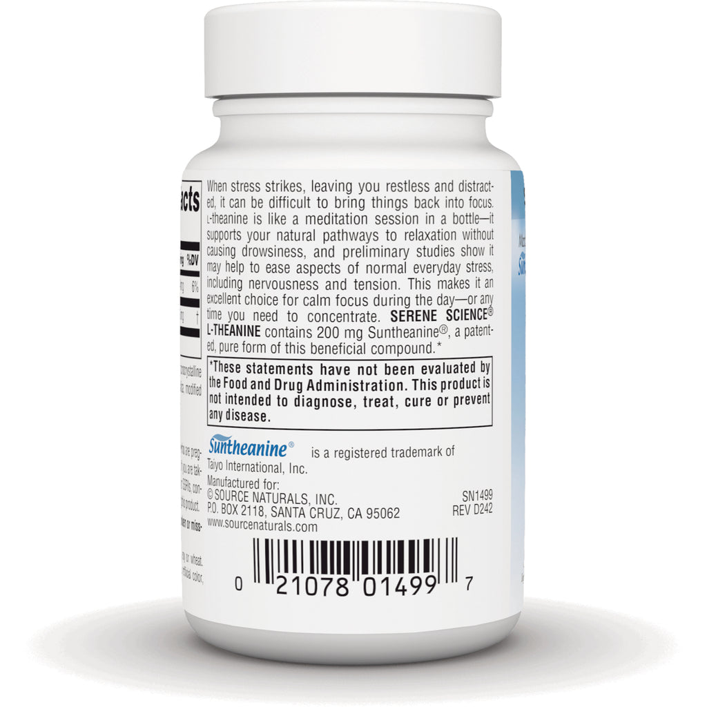 Back of white supplement bottle showing ingredient panel, disclaimer box, Suntheanine trademark and barcode - Thumbnail