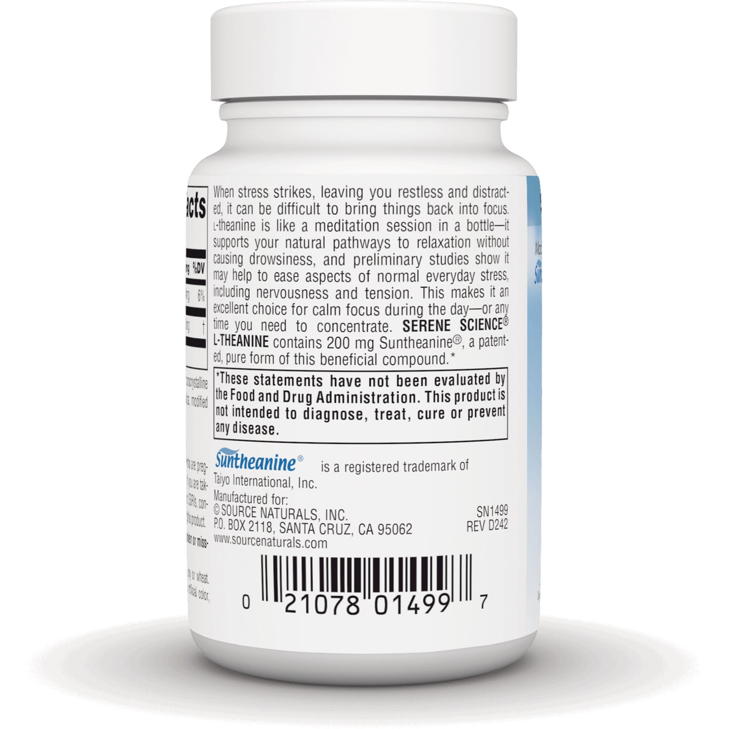 Back of white supplement bottle showing ingredient panel, disclaimer box, Suntheanine trademark and barcode