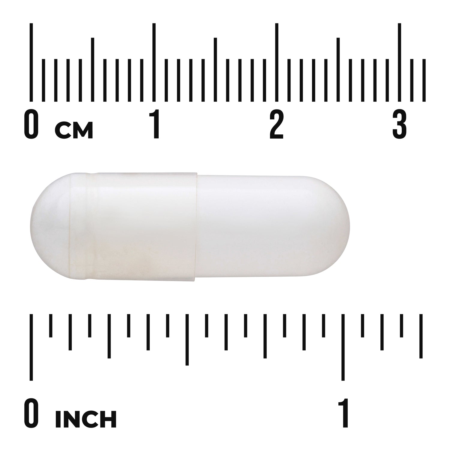 SW1185 | white two-part capsule on measurement scale showing 03 cm and 01 inch with visible CM and INCH markings