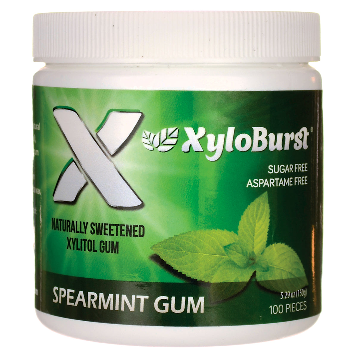 XYB005 | XyloBurst Spearmint Gum tub, naturally sweetened xylitol gum, sugar free, aspartame free, 100 pieces