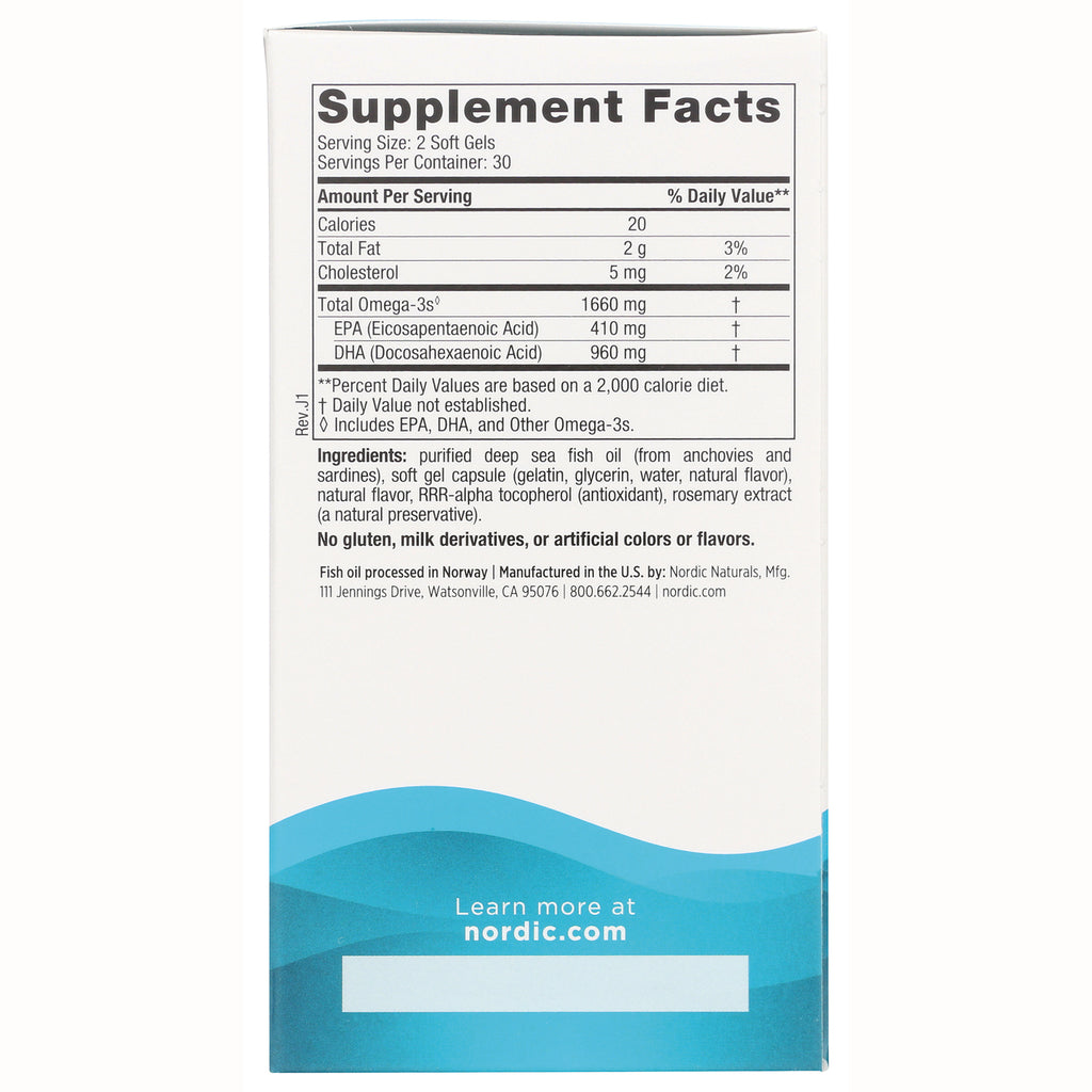 NRN040 | Supplement facts and ingredients panel for omega-3 soft gels showing serving size 2 soft gels, EPA 410 mg and DHA 960 mg - Thumbnail