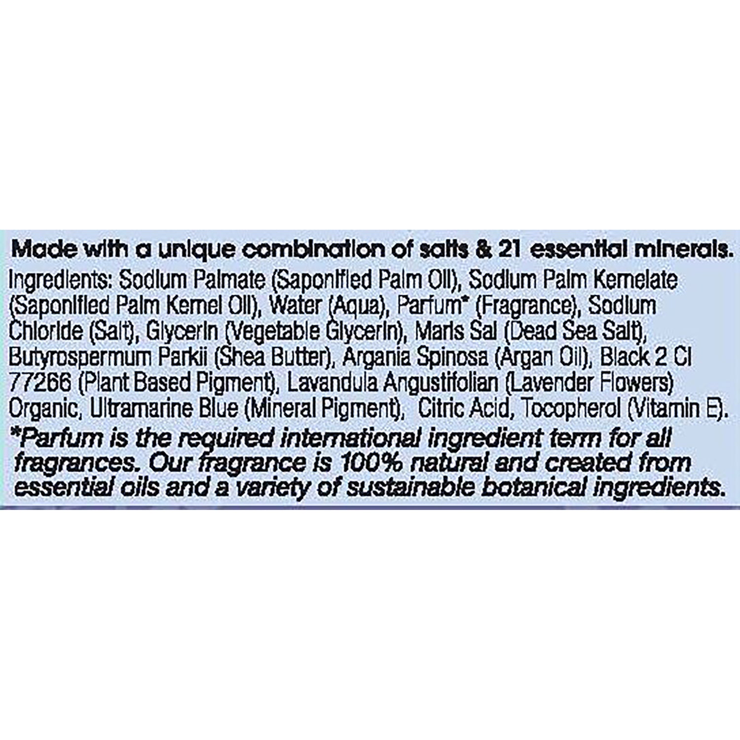 OWN003 | Ingredient panel listing salts, 21 minerals, and natural fragrance ingredients