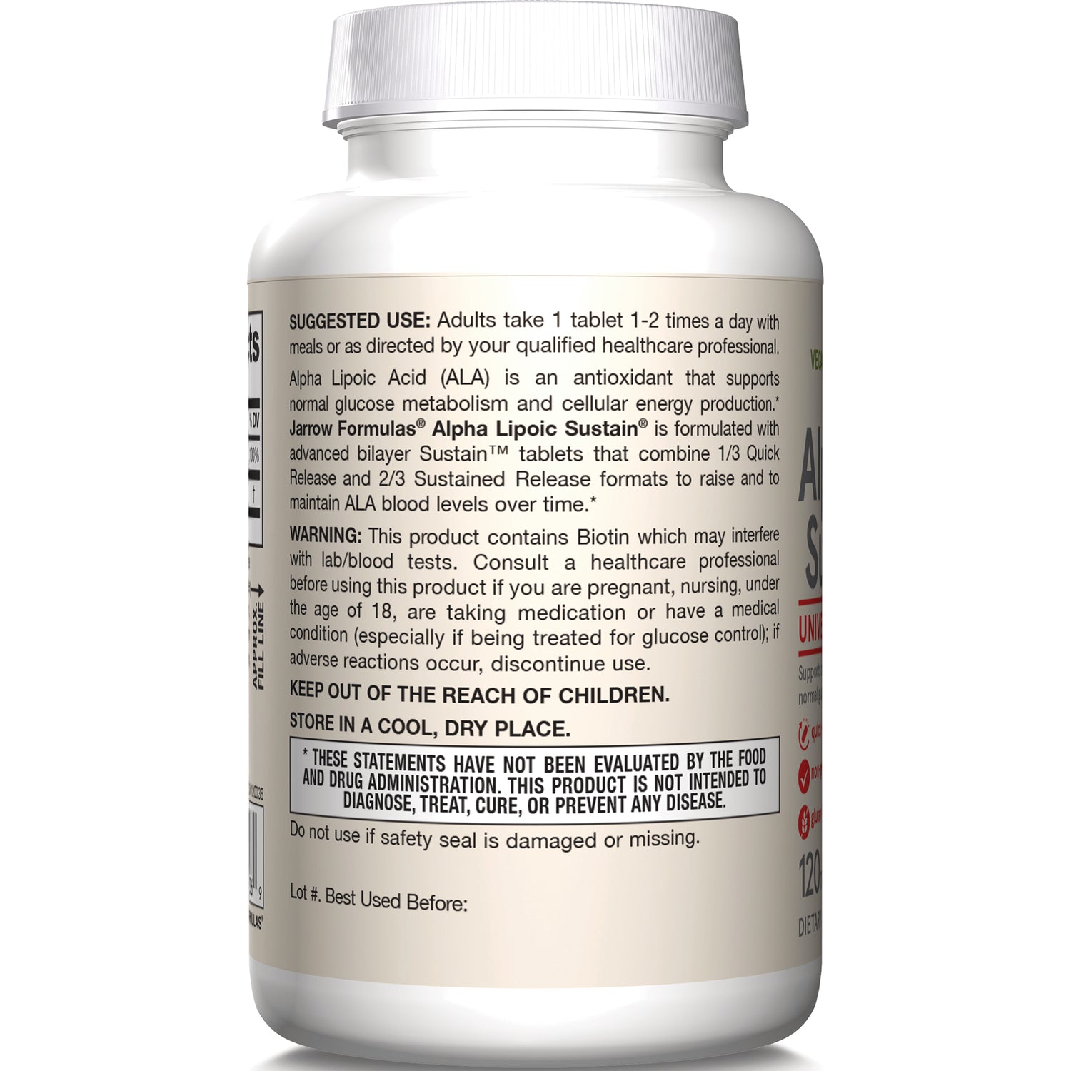Supplement bottle back label showing suggested use, warning, storage instructions and FDA disclaimer