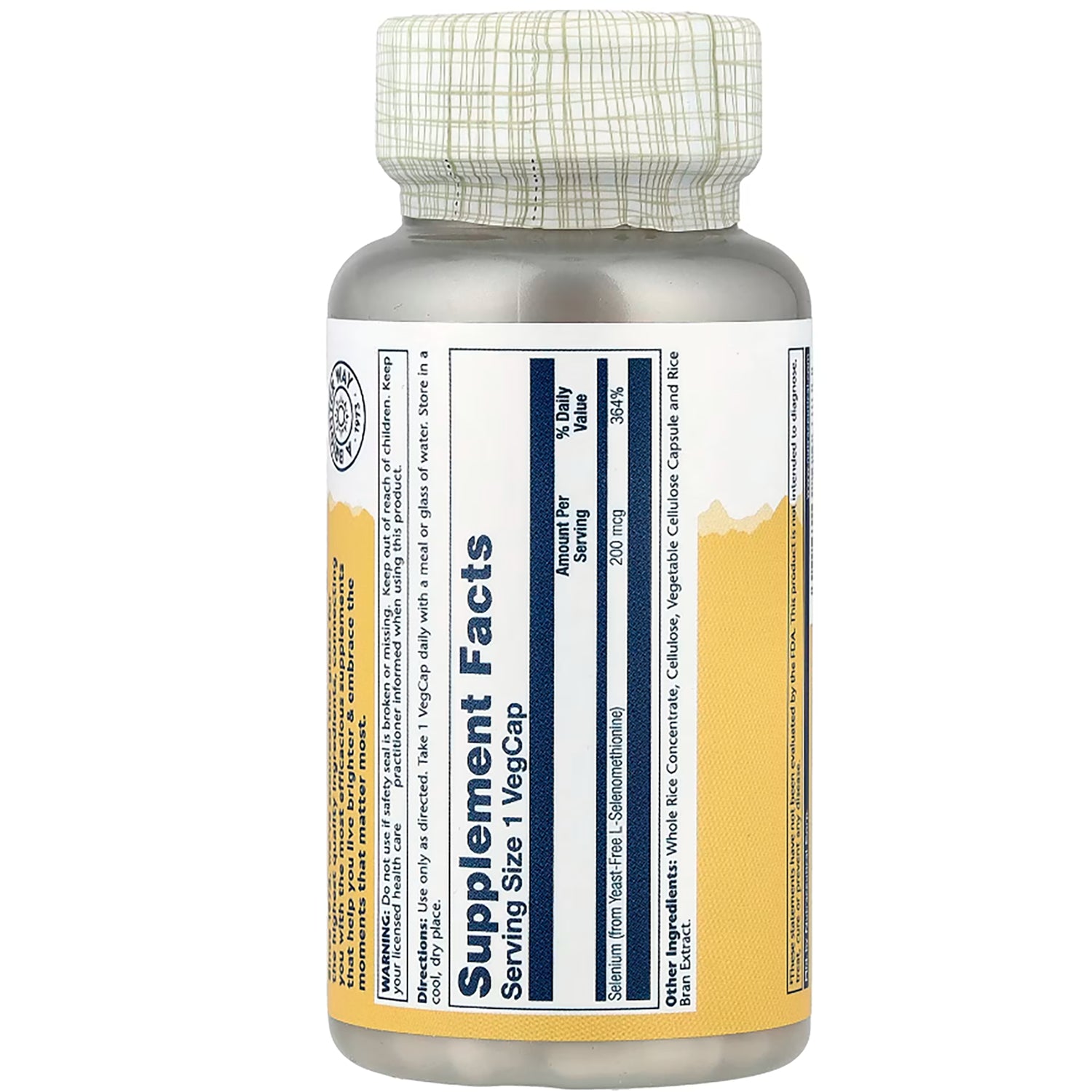 SLR211 | Solaray Yeast-Free Selenium 200 mcg, supplement facts label